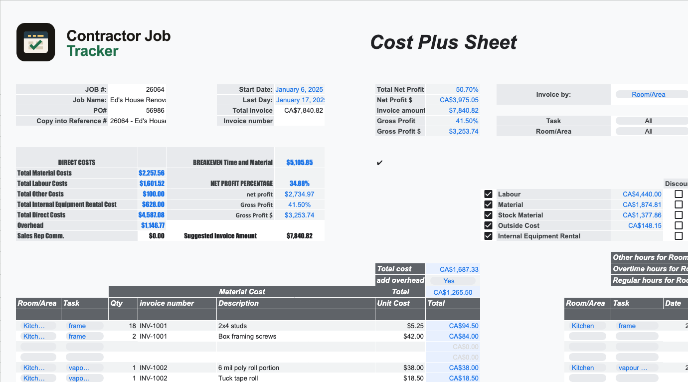 Cost Plus Contractor Spreadsheet Google Sheets preview